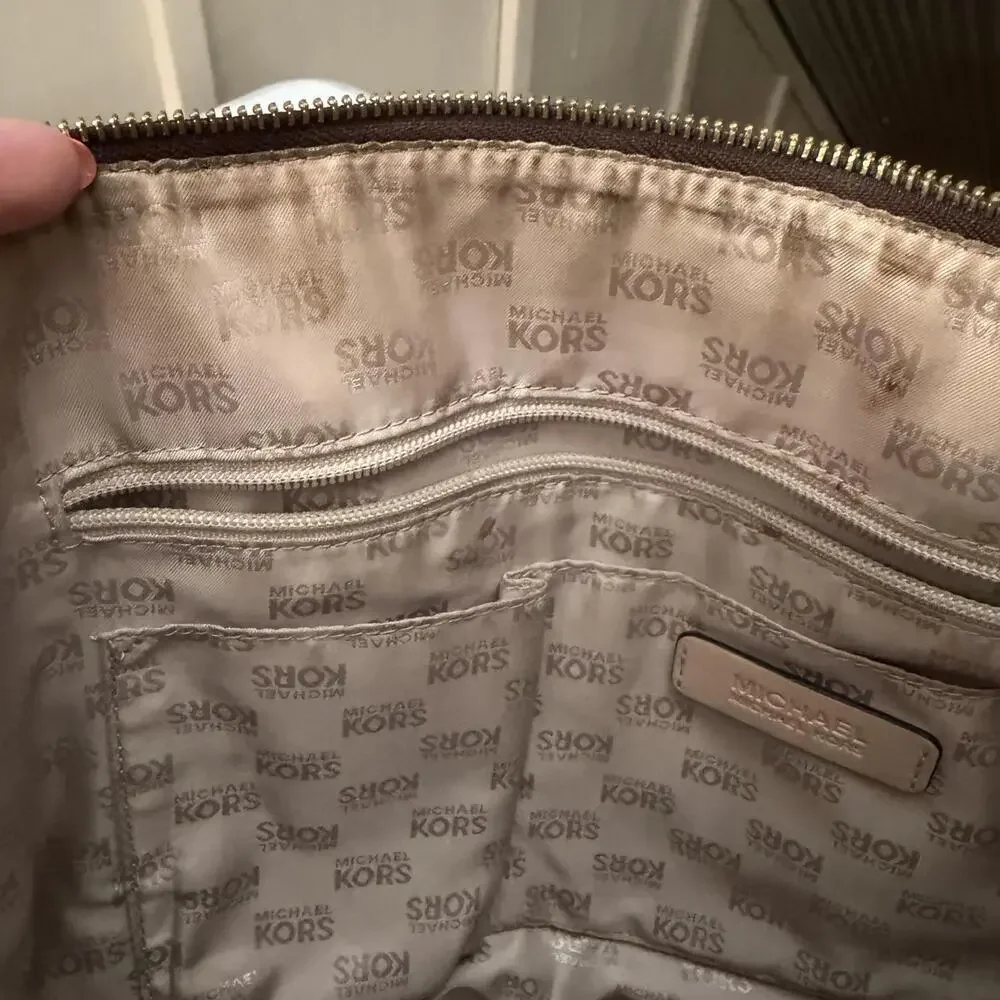 Michael Kors Tote Bag Womens Large Brown Logo PVC Leather Zip Shoulder Handbag